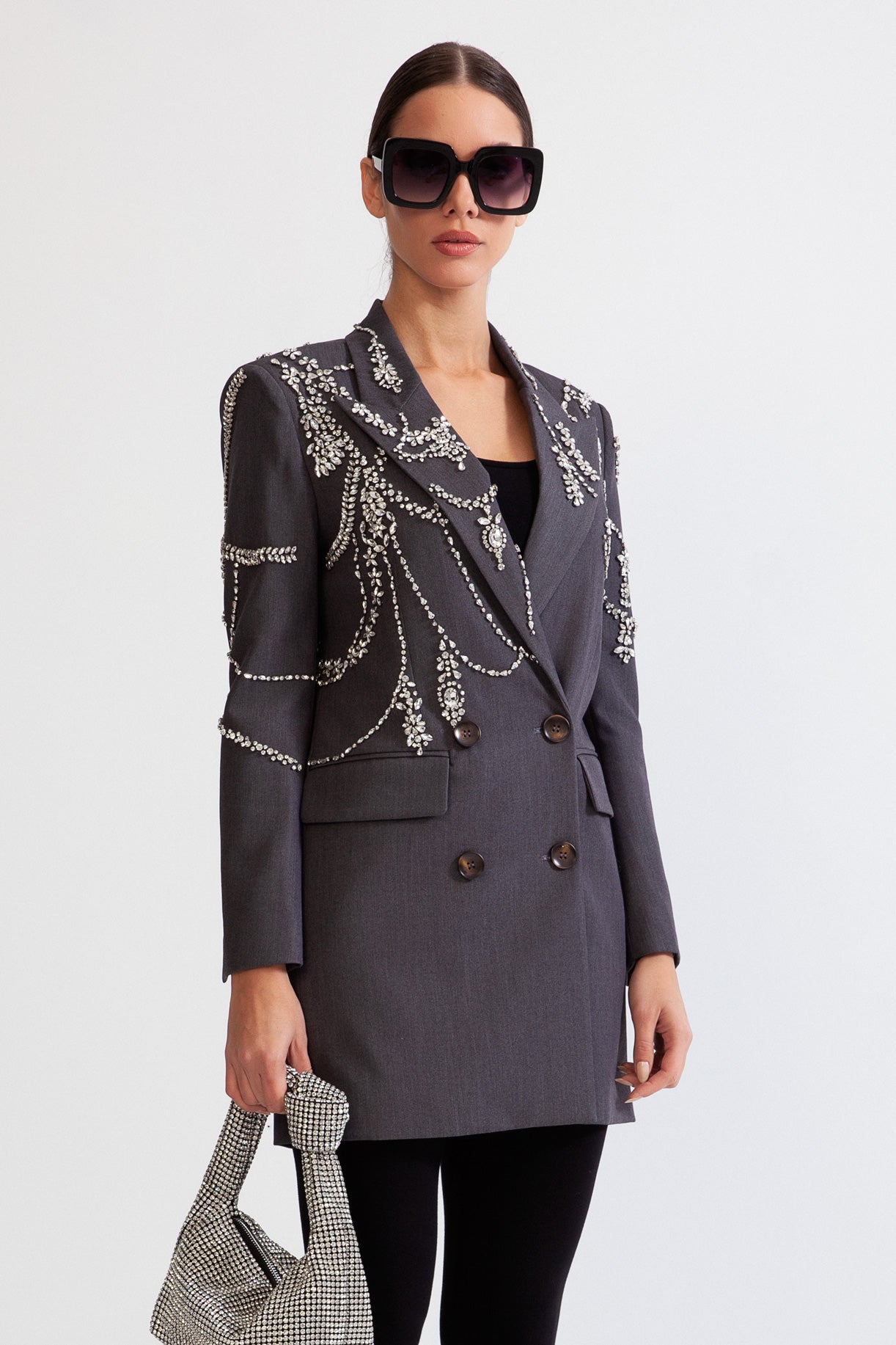 Taş Detaylı Gri Çift Düğmeli Uzun Blazer