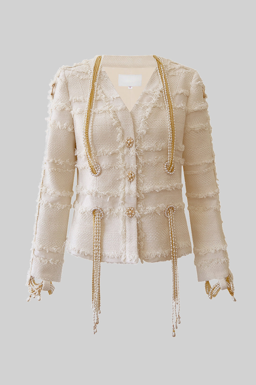 İnci Zincir Detaylı Bej Tweed Blazer