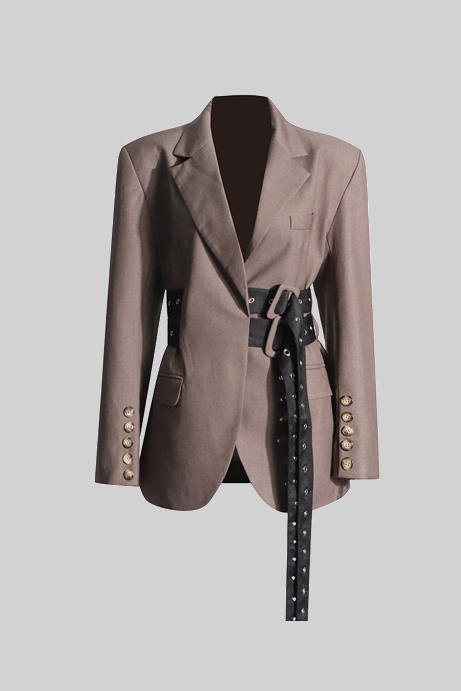 Çift Kemer Detaylı Kahverengi Blazer