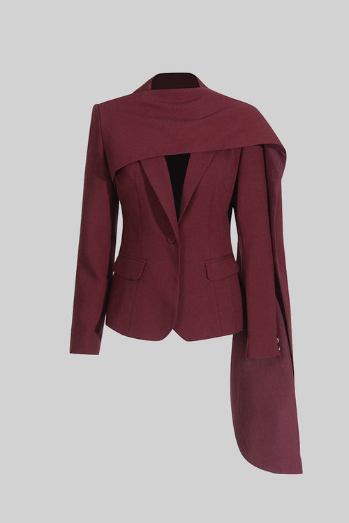 Asimetrik Drapeli Şal Detaylı Bordo Blazer