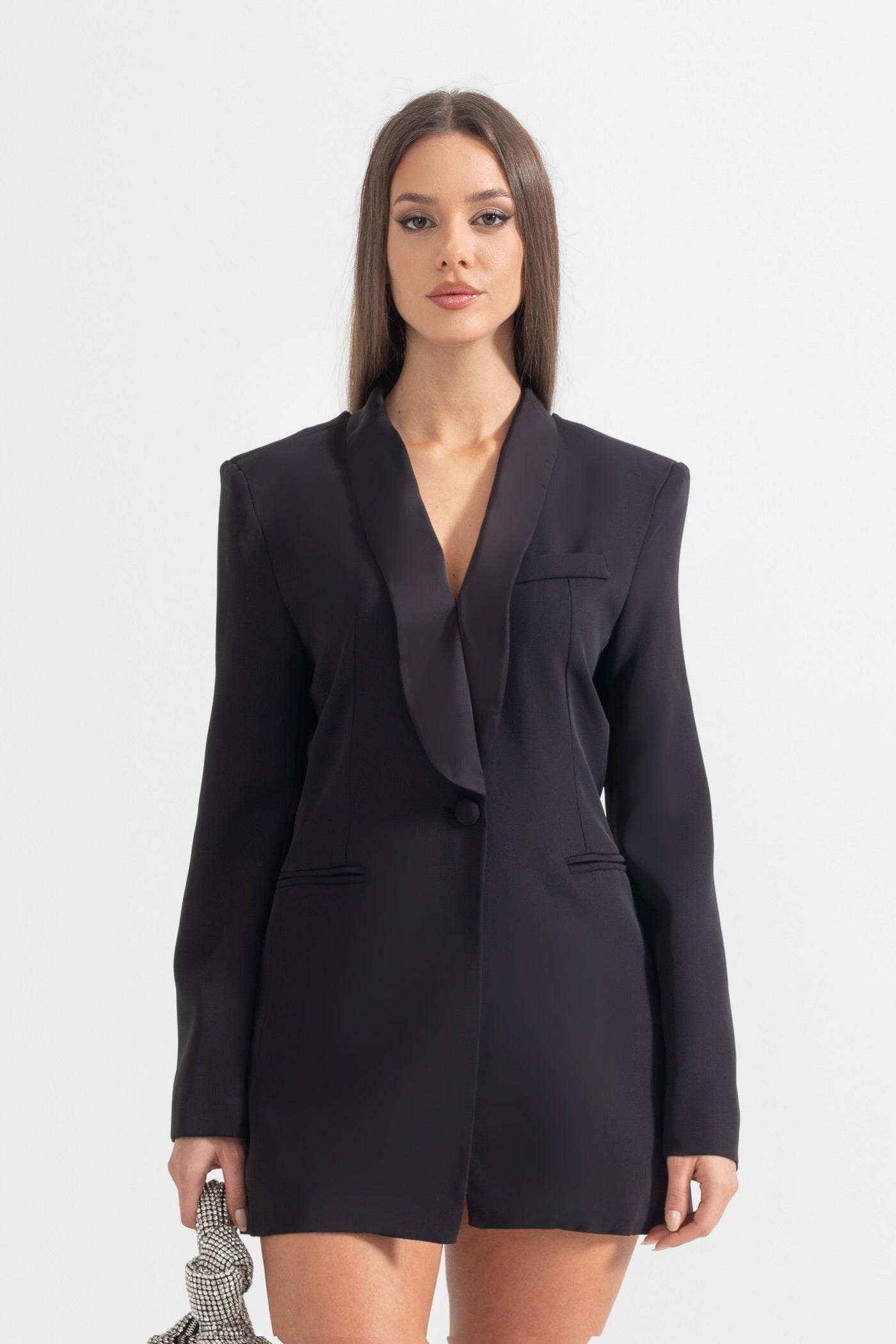 Şal Yaka Detaylı Siyah Sırt Dekolteli Blazer