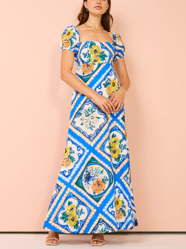 Azure Floral Kabarık Kol Maxi Elbise