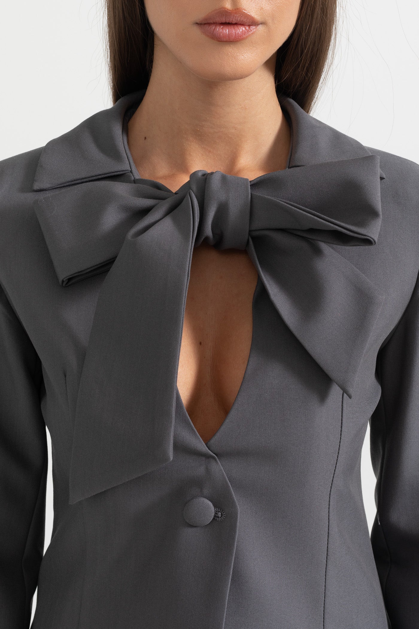 Yaka Fiyonk Detaylı Gri Blazer