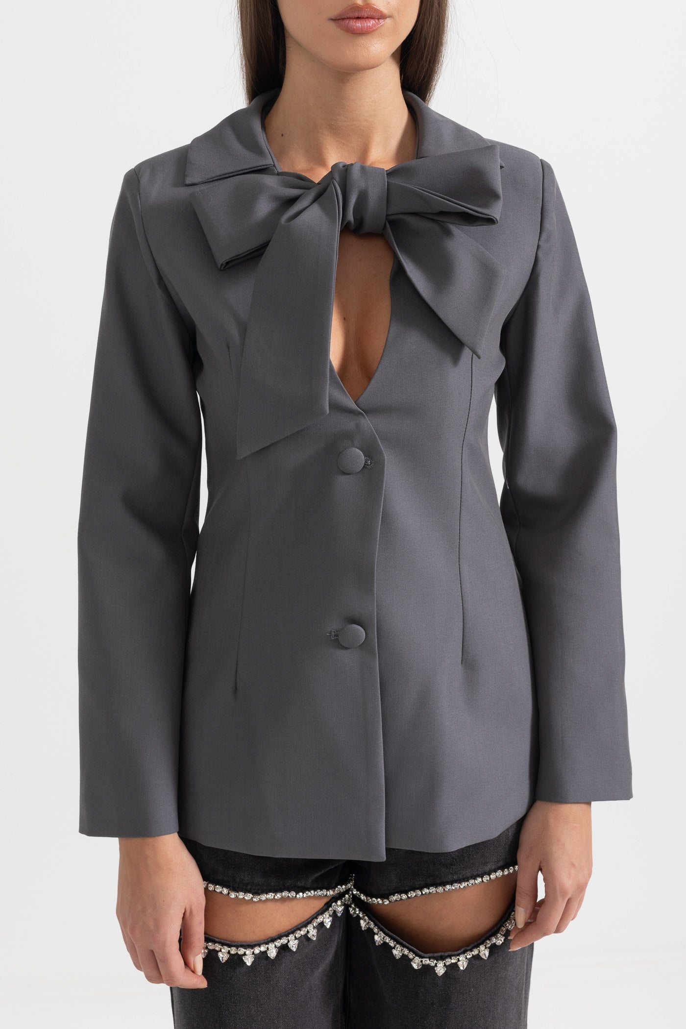 Yaka Fiyonk Detaylı Gri Blazer