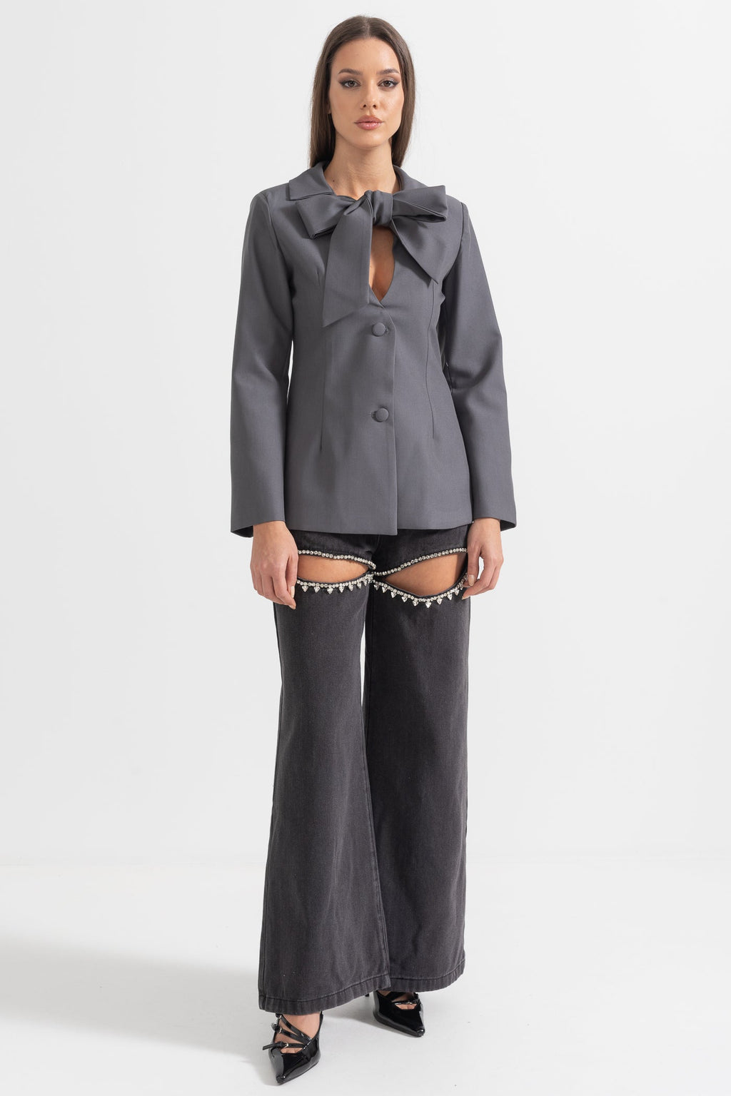 Yaka Fiyonk Detaylı Gri Blazer