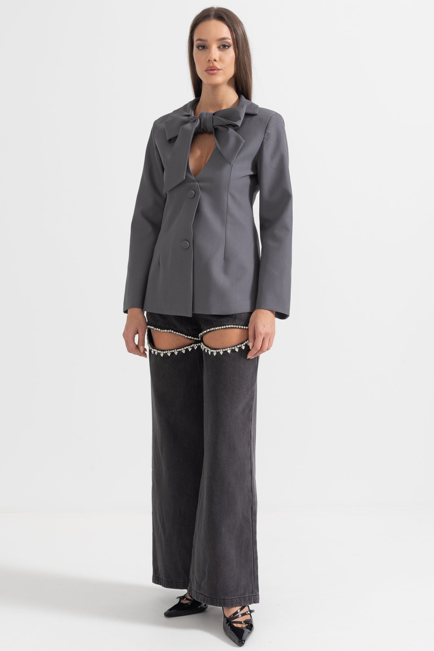Yaka Fiyonk Detaylı Gri Blazer
