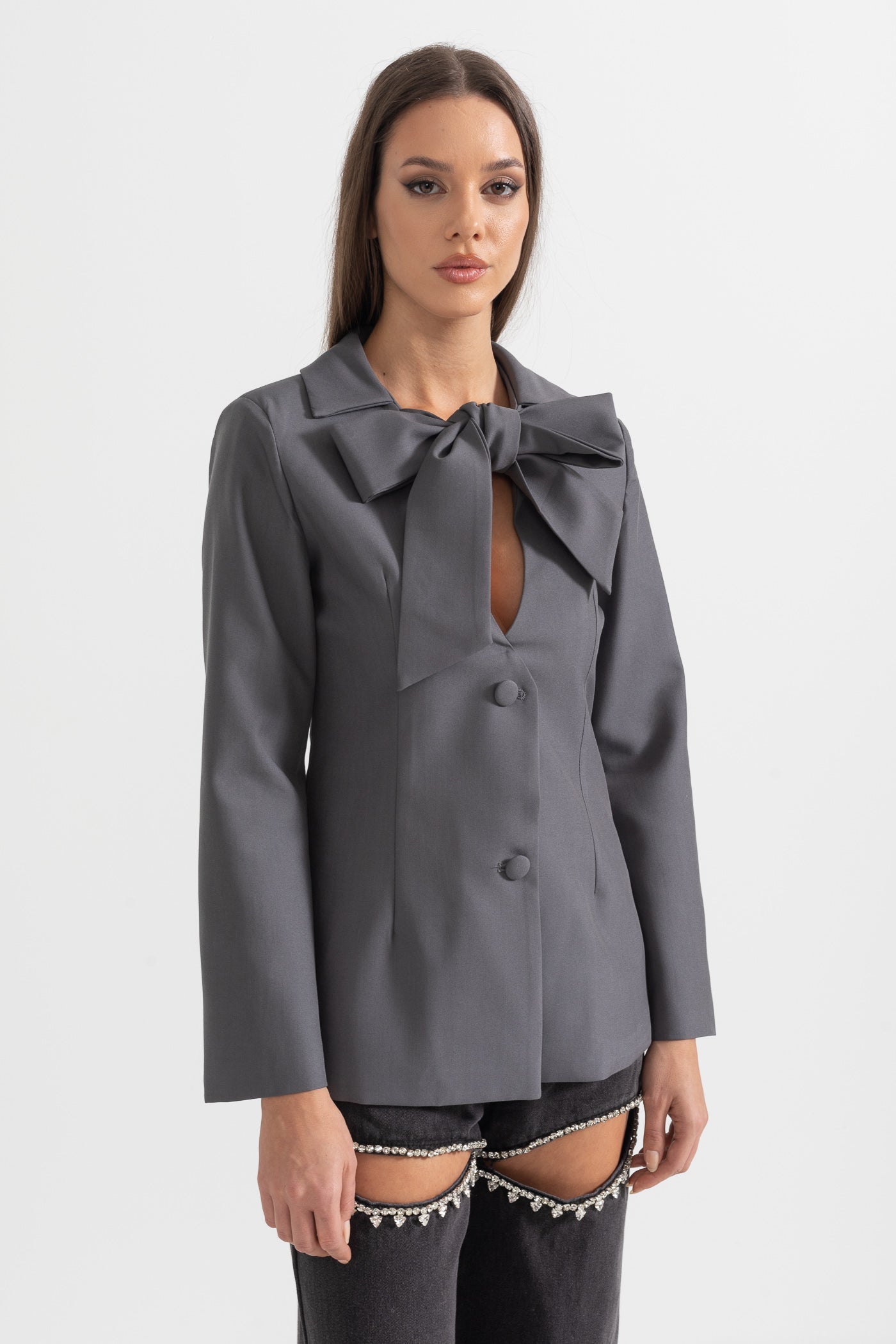 Yaka Fiyonk Detaylı Gri Blazer