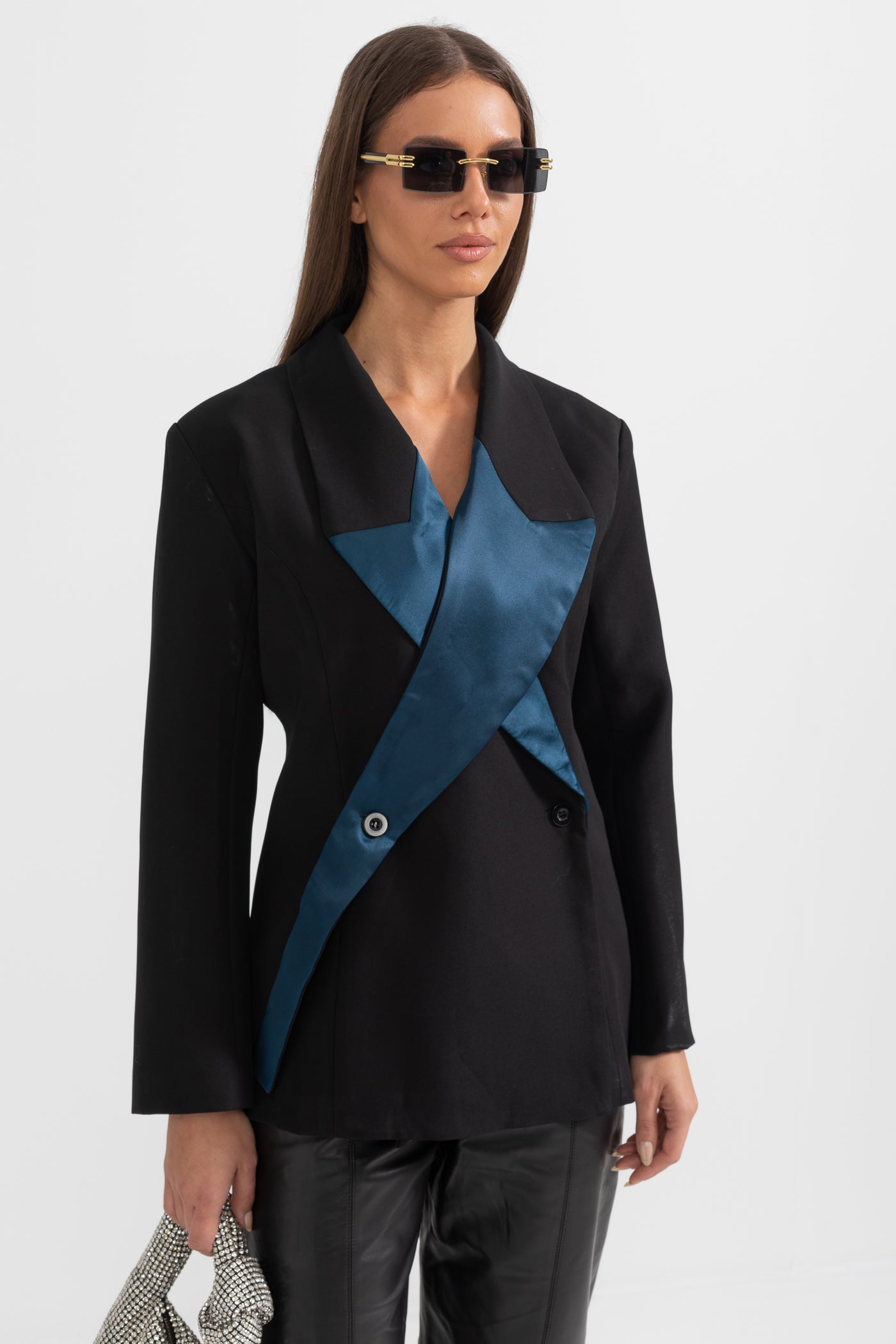 Yıldız Motifli Siyah Çift Düğmeli Blazer