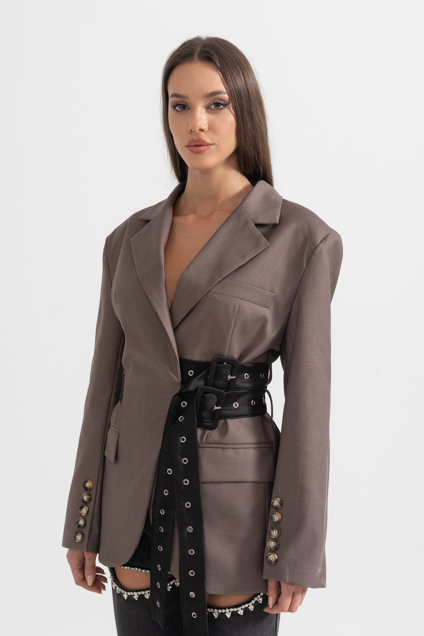 Çift Kemer Detaylı Kahverengi Blazer