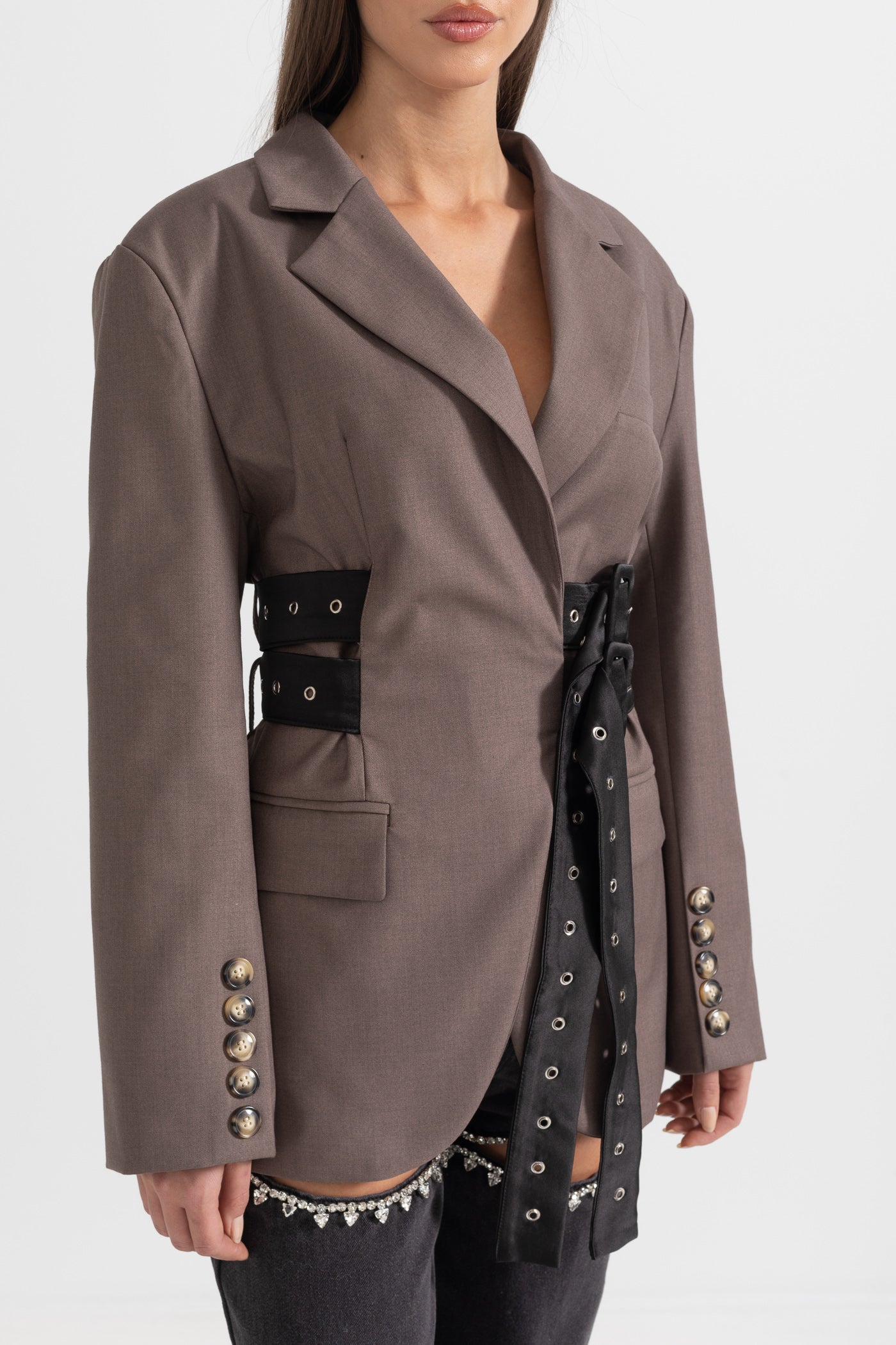 Çift Kemer Detaylı Kahverengi Blazer