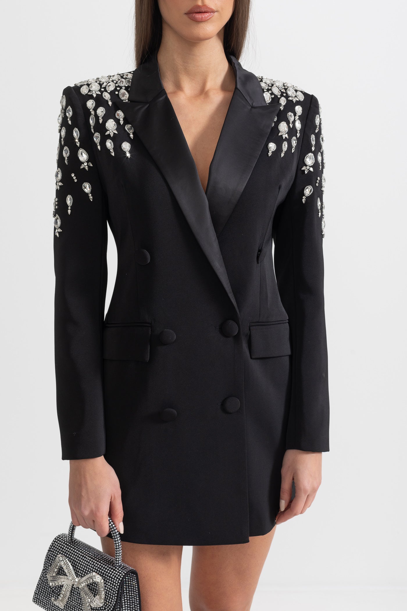 Taş İşlemeli Omuz Detaylı Siyah Blazer