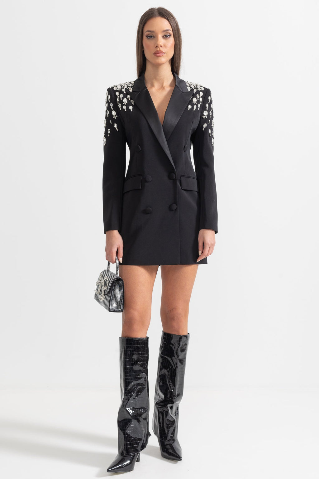 Taş İşlemeli Omuz Detaylı Siyah Blazer