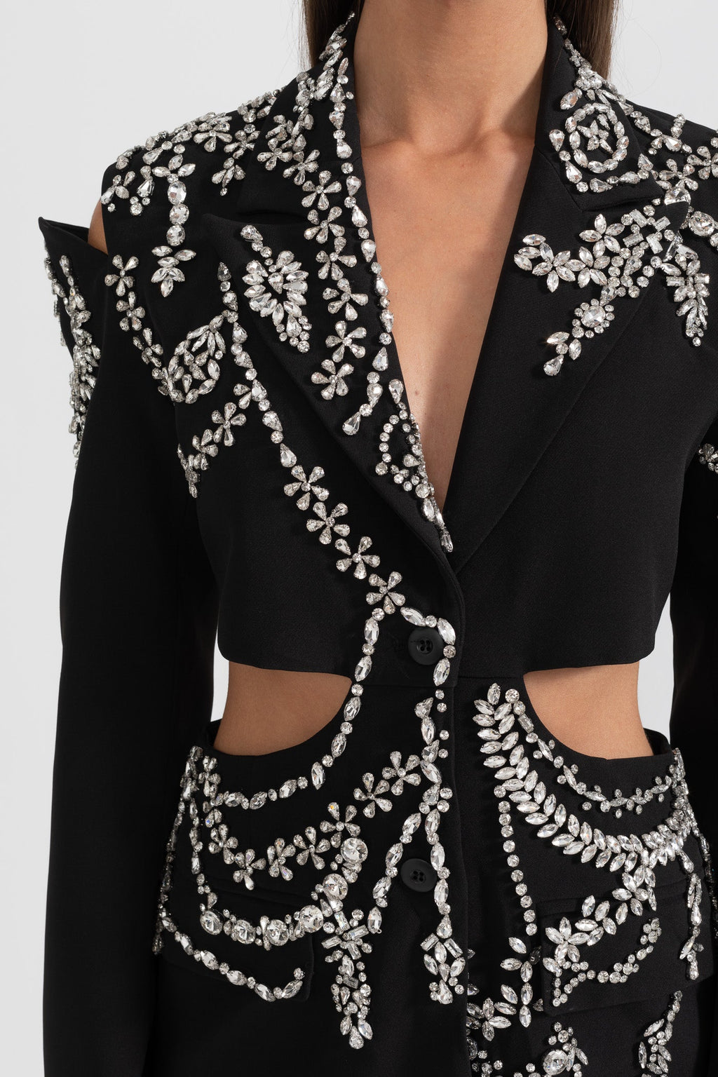 Nakış Detaylı Bel Dekolteli Siyah Blazer