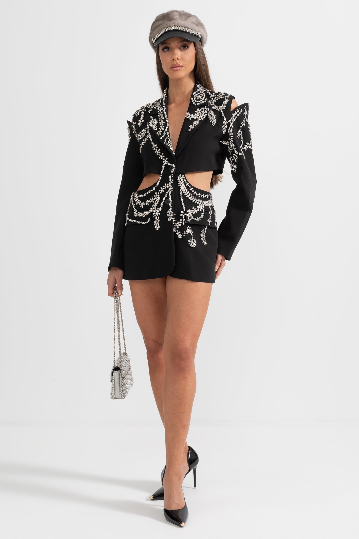 Nakış Detaylı Bel Dekolteli Siyah Blazer