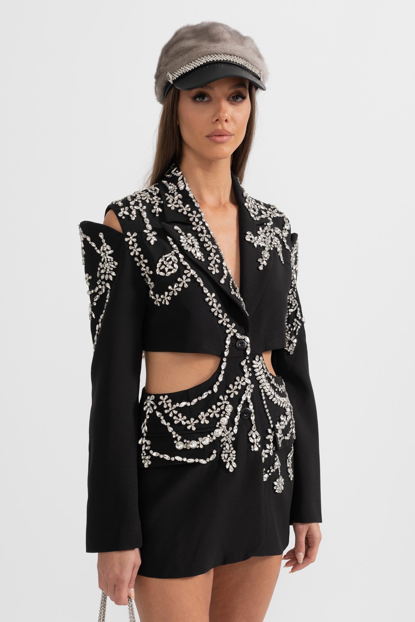 Nakış Detaylı Bel Dekolteli Siyah Blazer