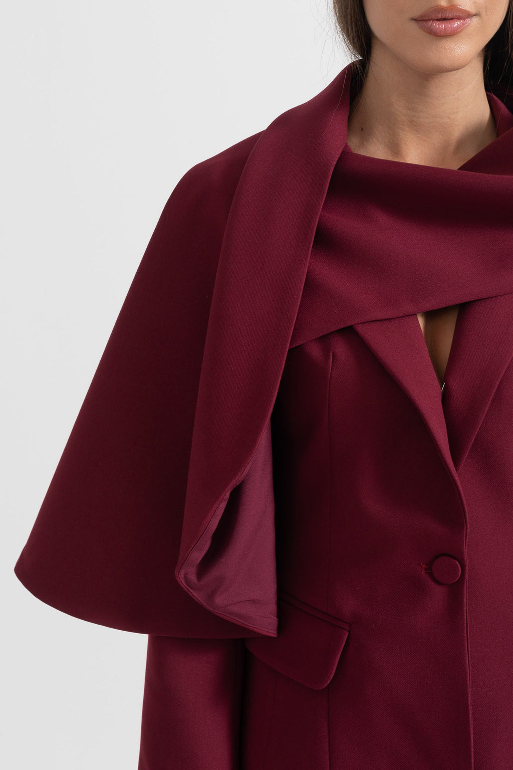 Asimetrik Drapeli Şal Detaylı Bordo Blazer