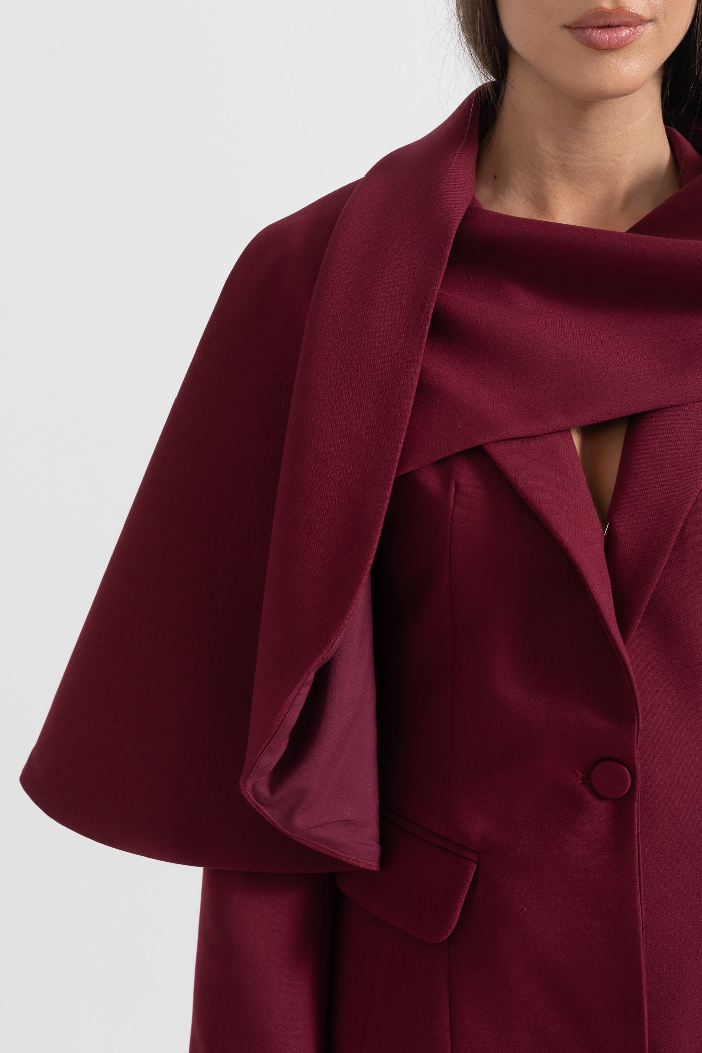 Asimetrik Drapeli Şal Detaylı Bordo Blazer
