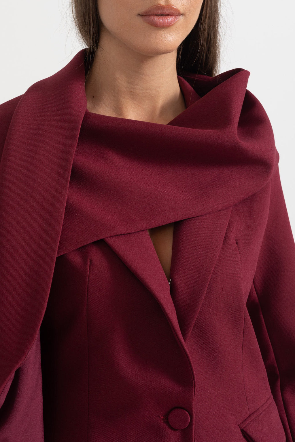 Asimetrik Drapeli Şal Detaylı Bordo Blazer