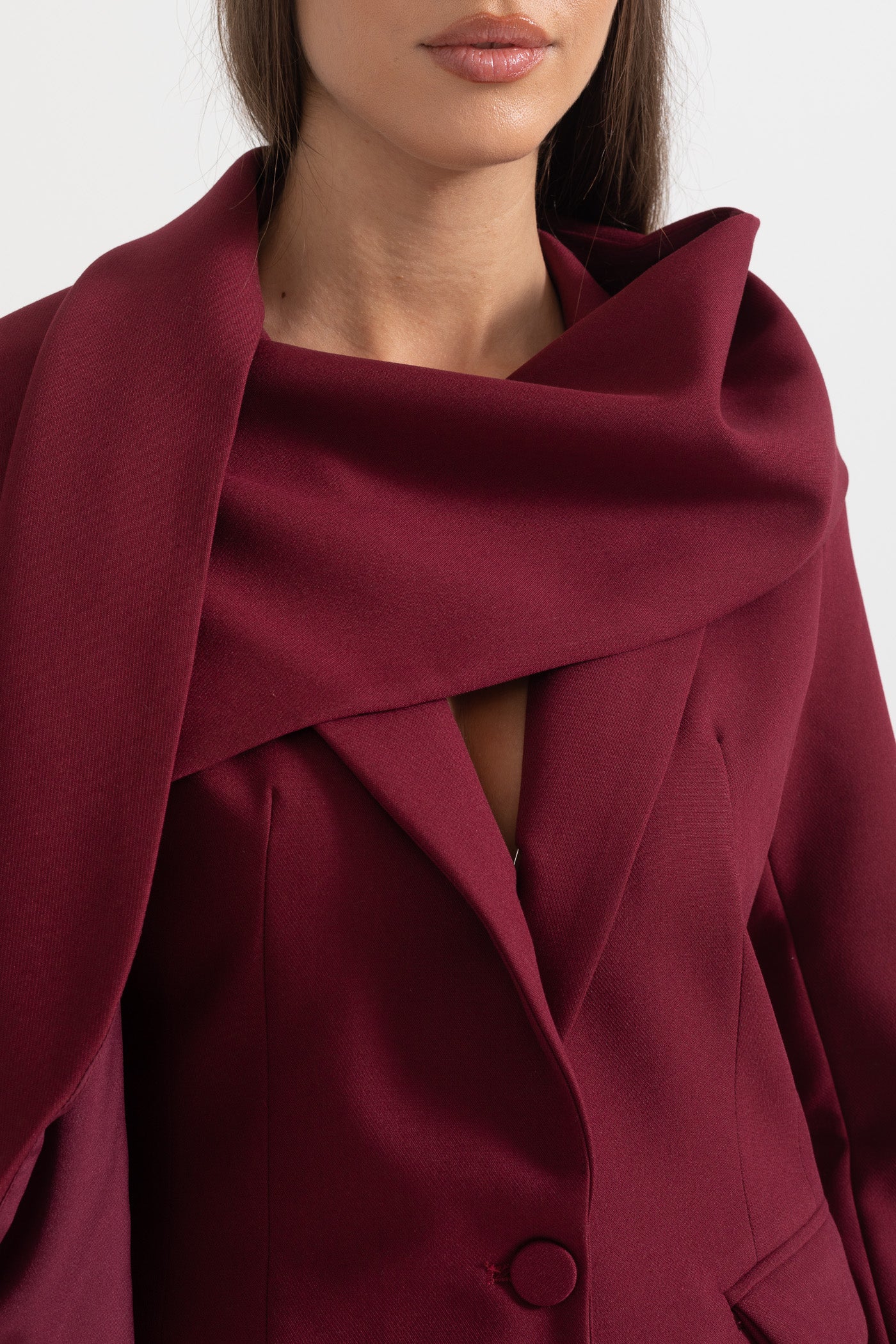 Asimetrik Drapeli Şal Detaylı Bordo Blazer