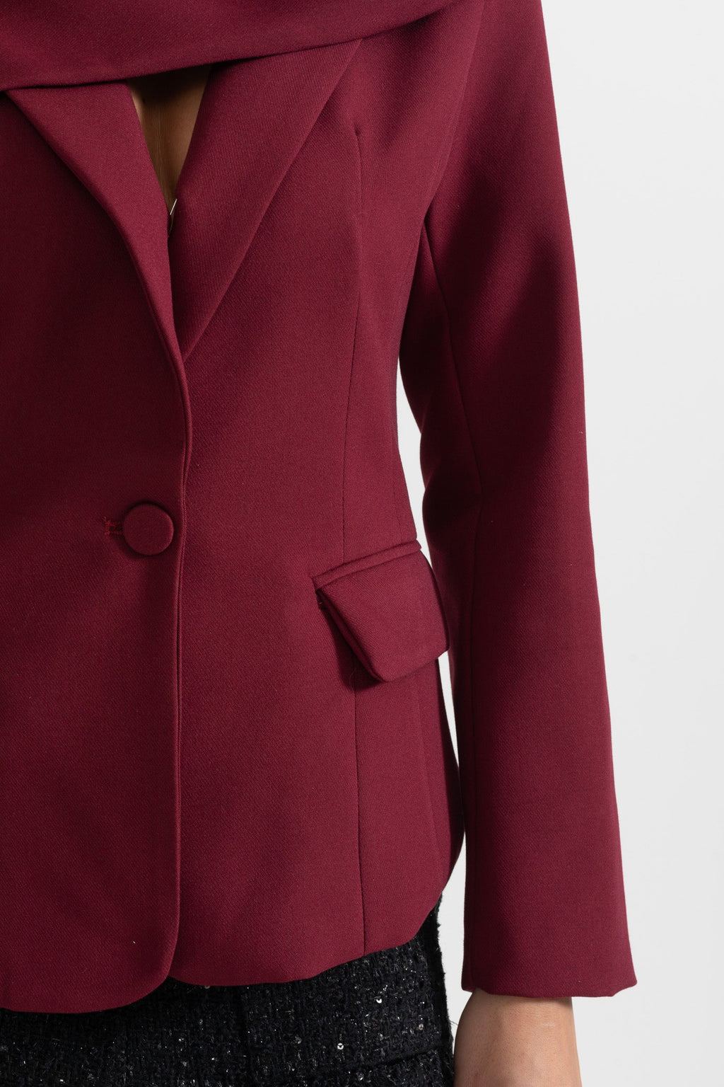 Asimetrik Drapeli Şal Detaylı Bordo Blazer