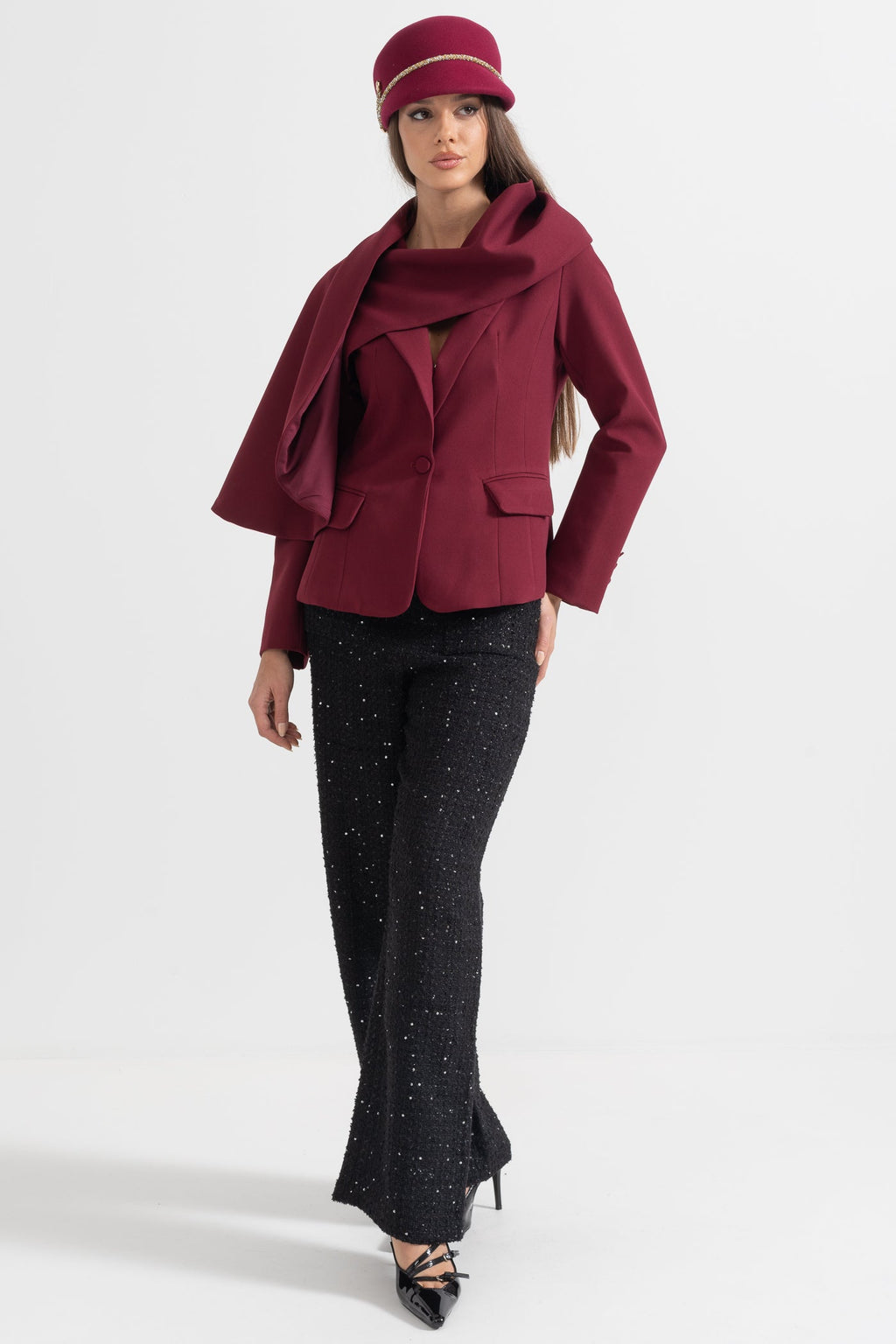 Asimetrik Drapeli Şal Detaylı Bordo Blazer