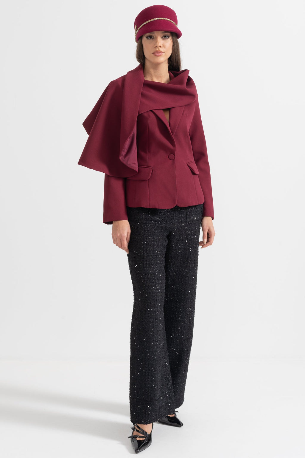 Asimetrik Drapeli Şal Detaylı Bordo Blazer
