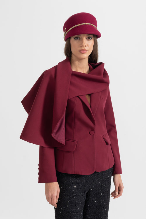 Asimetrik Drapeli Şal Detaylı Bordo Blazer