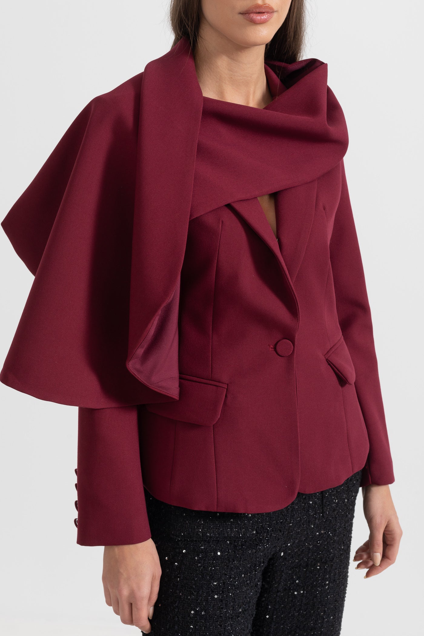 Asimetrik Drapeli Şal Detaylı Bordo Blazer