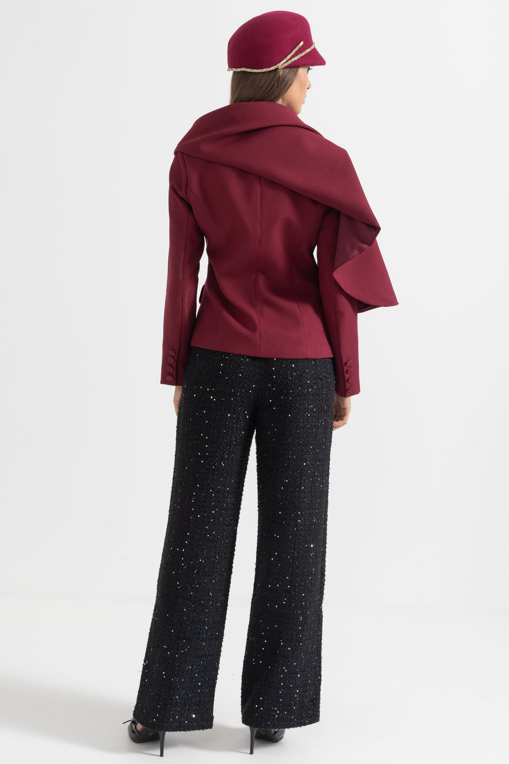 Asimetrik Drapeli Şal Detaylı Bordo Blazer