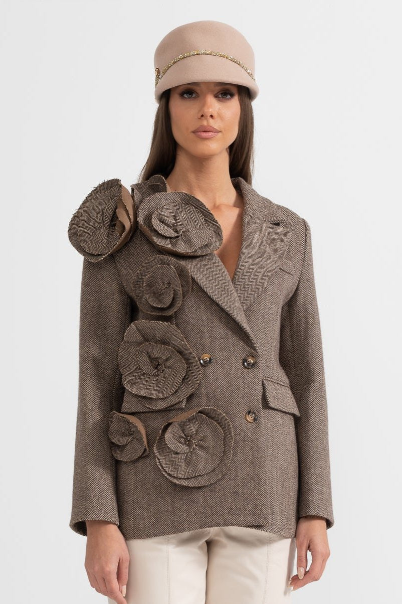 Çiçek Aplikeli Kahverengi Çift Düğmeli Tweed Blazer