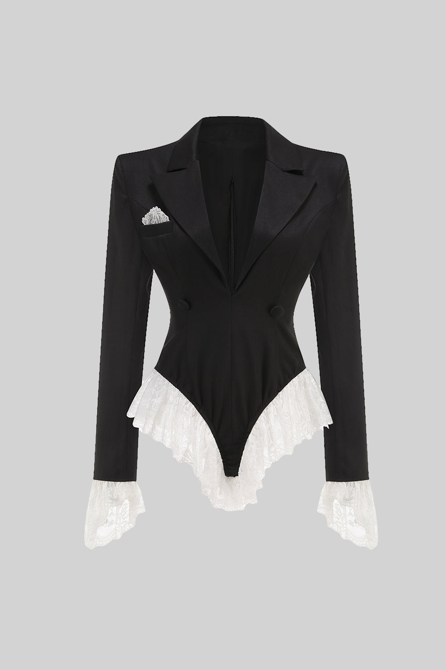 Beyaz Dantel Detaylı Siyah Şık Blazer Tulum