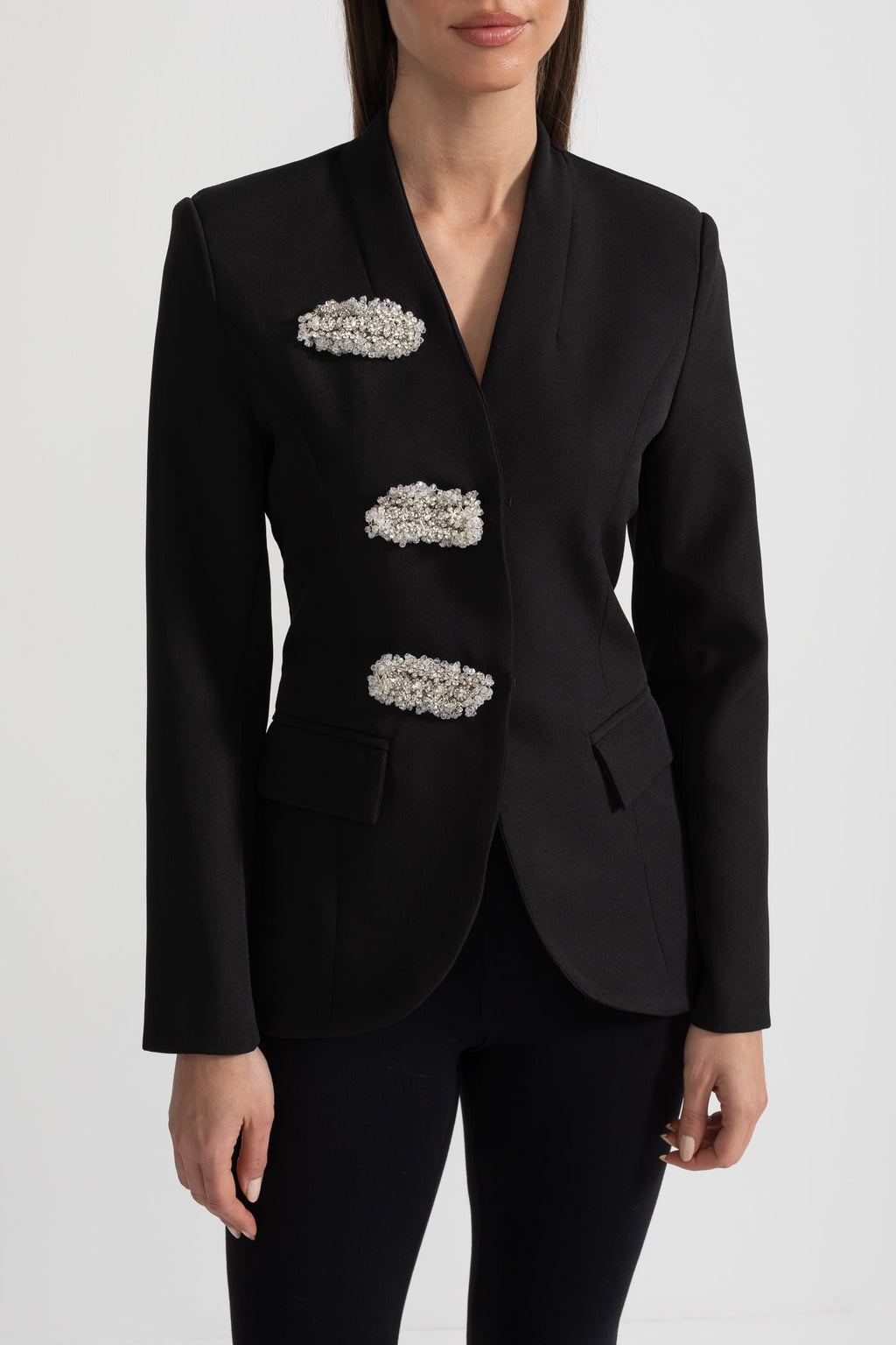 Gümüş Çiçek Tokalı Siyah Blazer Ceket