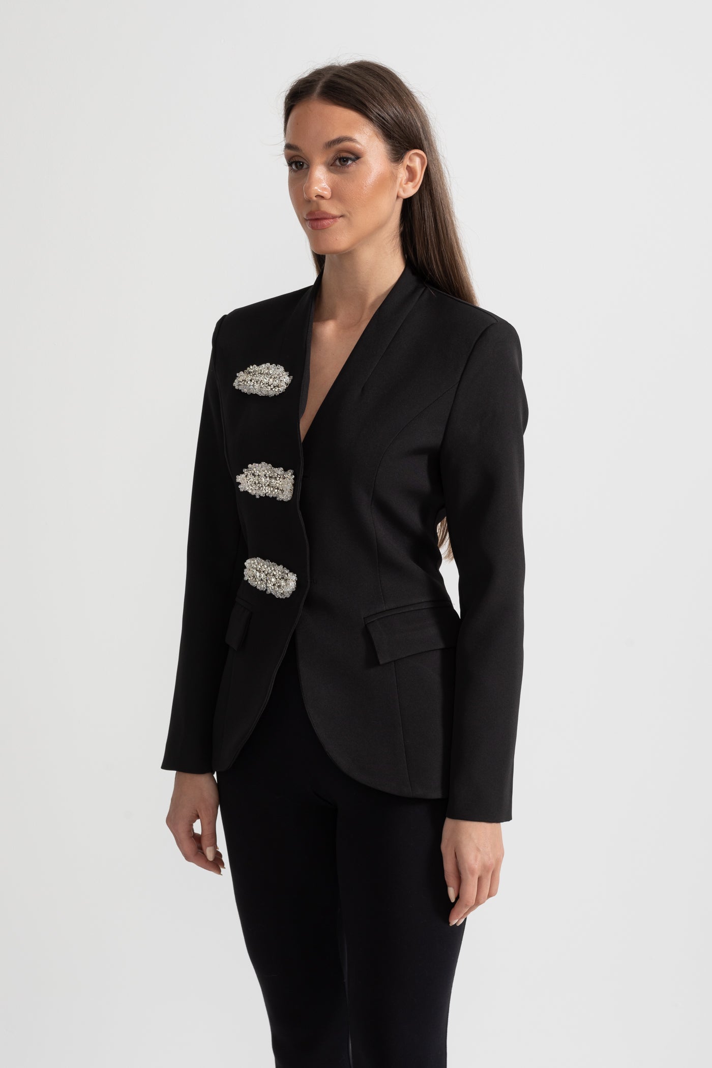 Gümüş Çiçek Tokalı Siyah Blazer Ceket