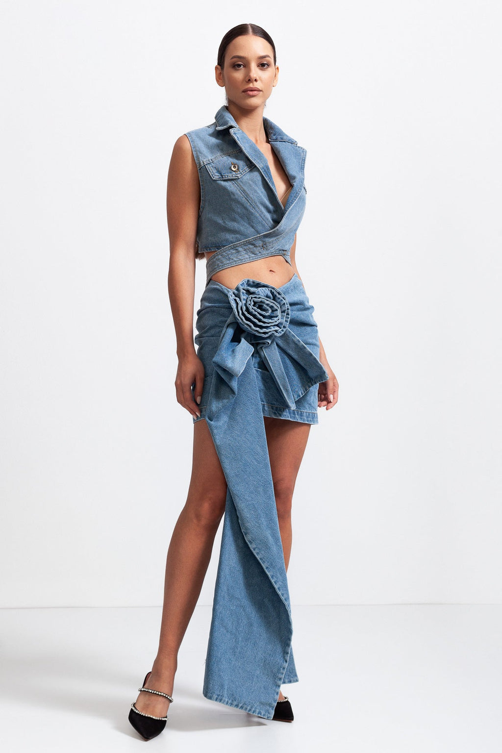 Mavi Asimetrik Çiçek Desenli Denim Etek
