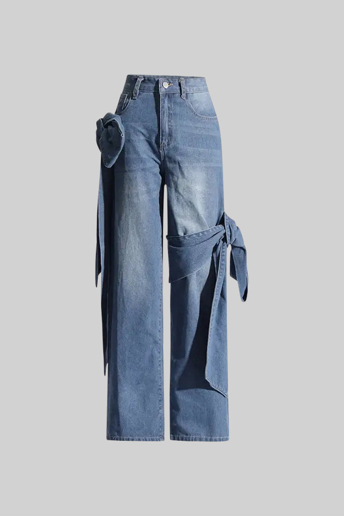 Fiyonk Detaylı Mavi Bol Paça Jean
