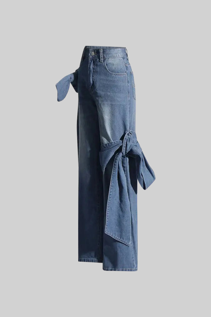 Fiyonk Detaylı Mavi Bol Paça Jean