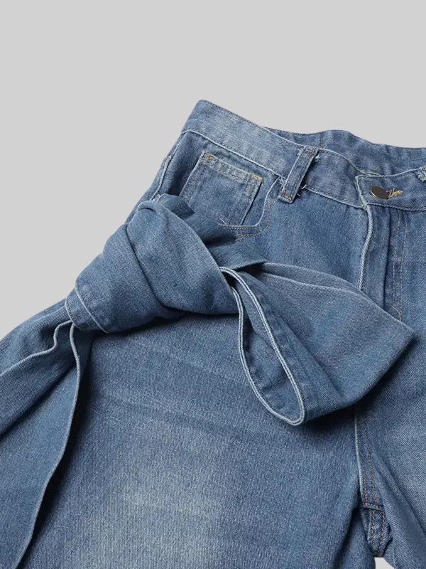 Fiyonk Detaylı Mavi Bol Paça Jean