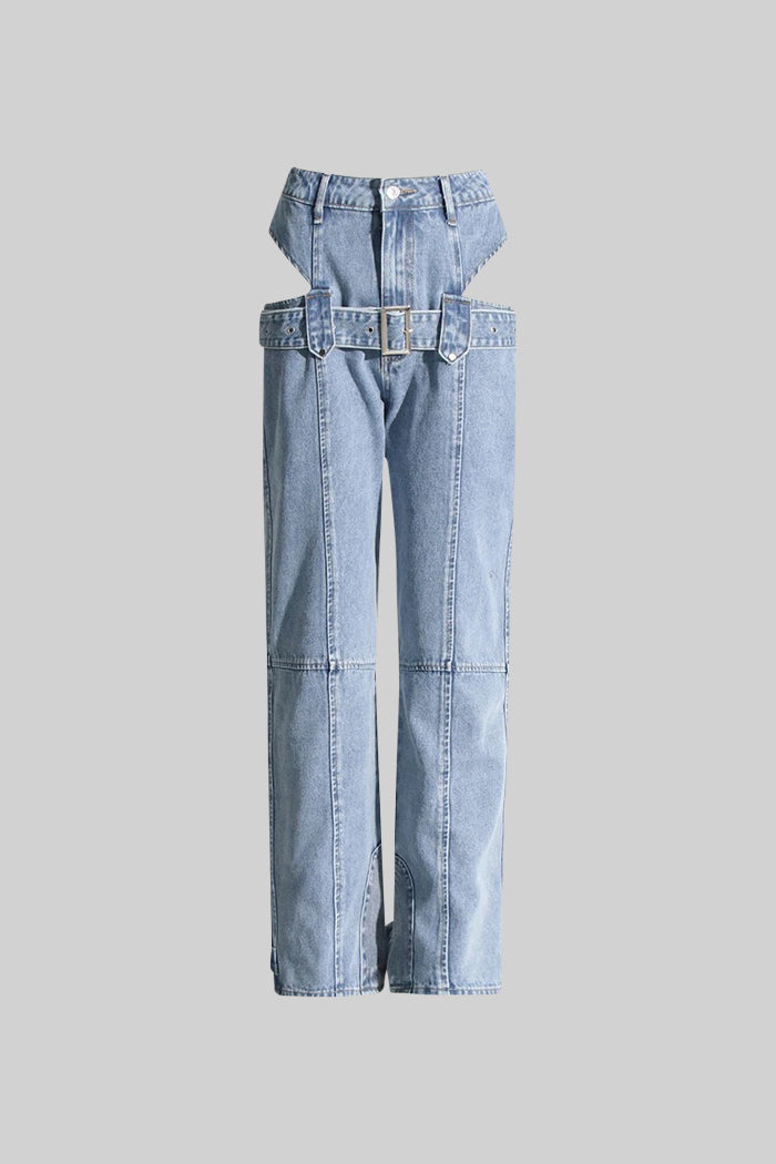 Tokalı Kesik Detaylı Mavi Bol Paça Jean