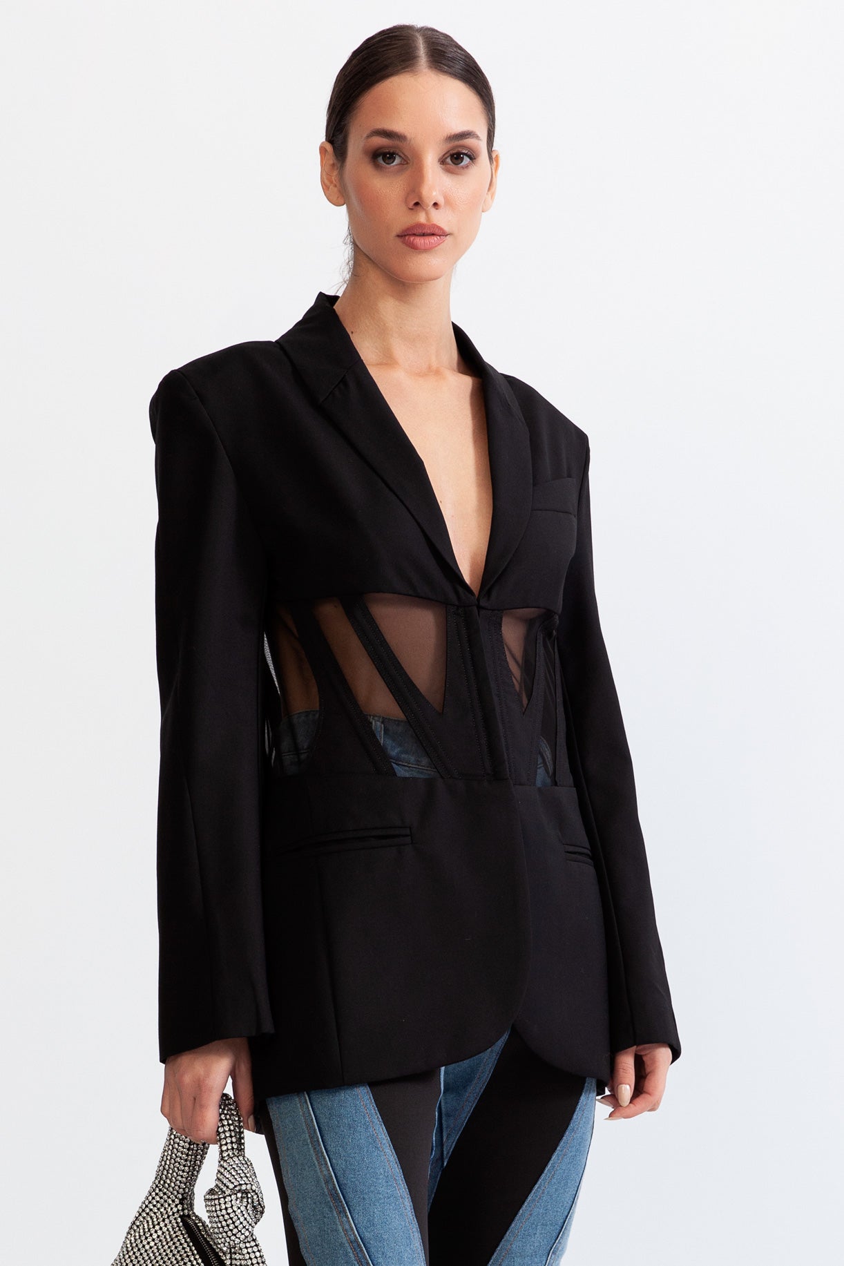 Korse Detaylı Siyah Blazer
