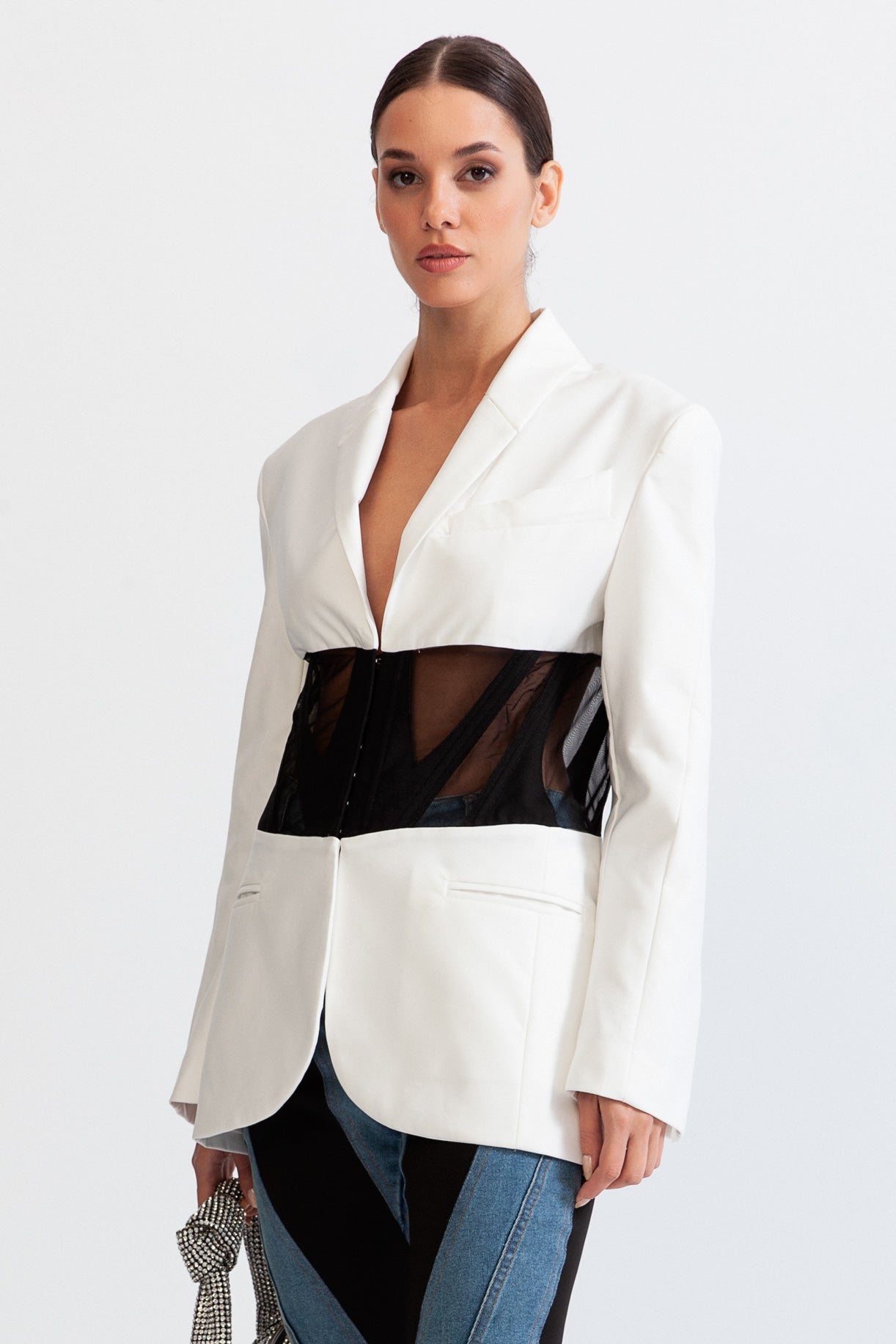Korse Detaylı Beyaz Blazer