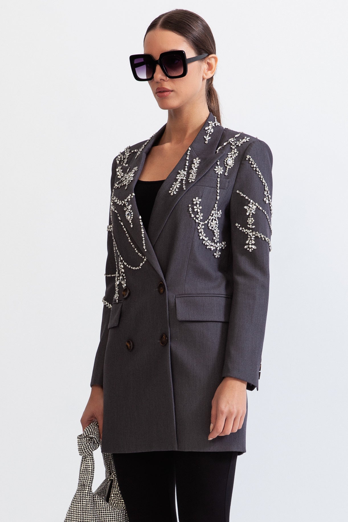 Taş Detaylı Gri Çift Düğmeli Uzun Blazer
