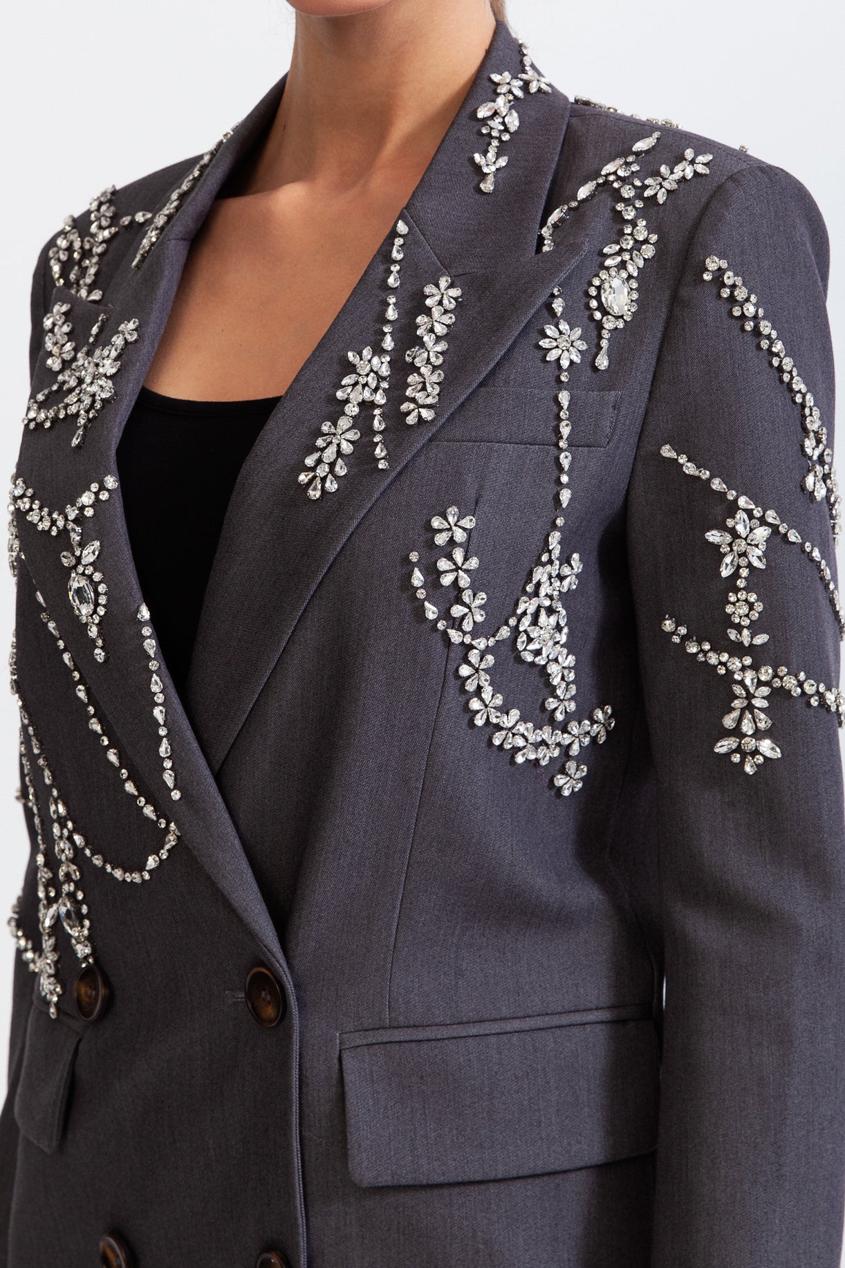 Taş Detaylı Gri Çift Düğmeli Uzun Blazer