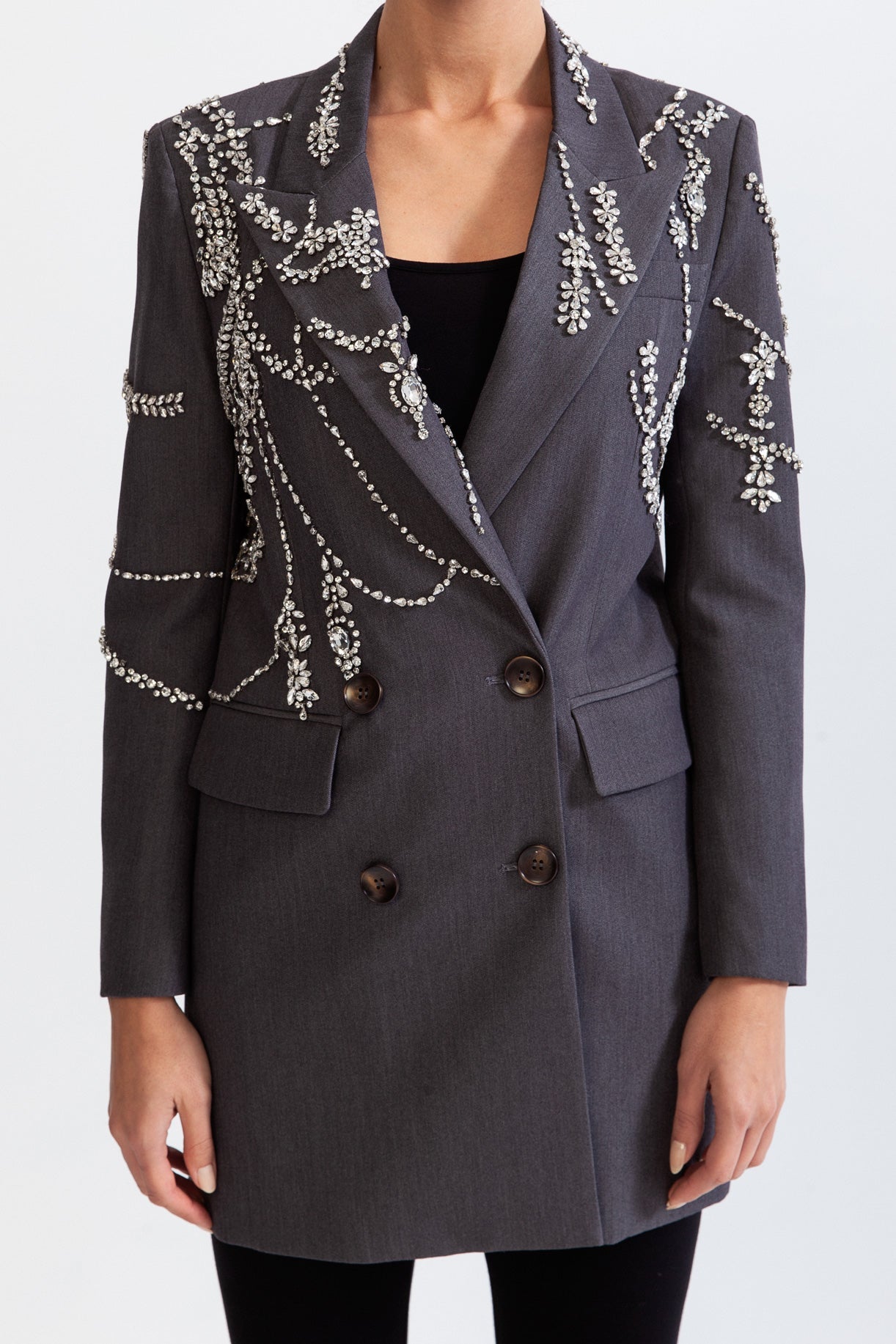 Taş Detaylı Gri Çift Düğmeli Uzun Blazer
