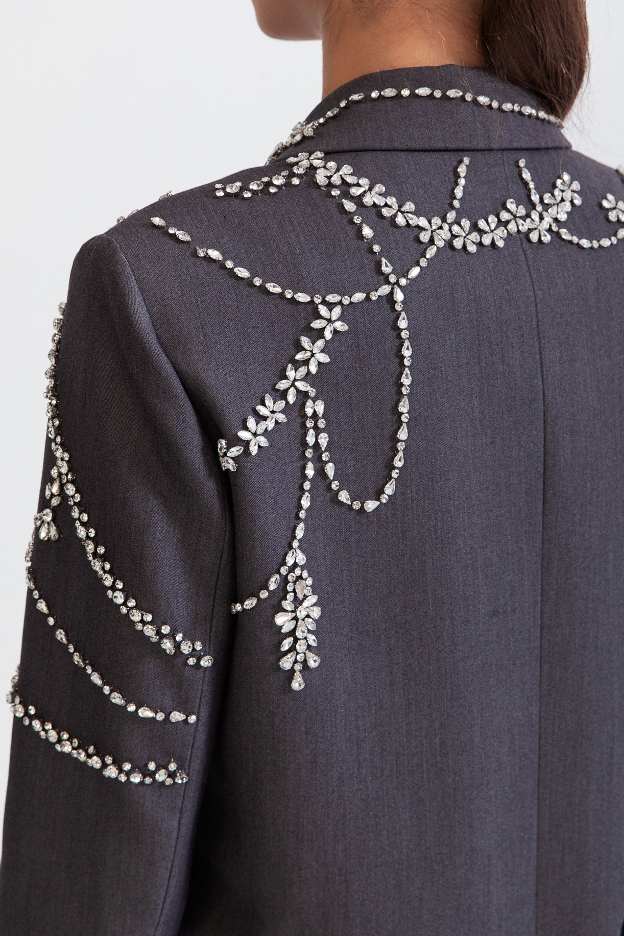 Taş Detaylı Gri Çift Düğmeli Uzun Blazer