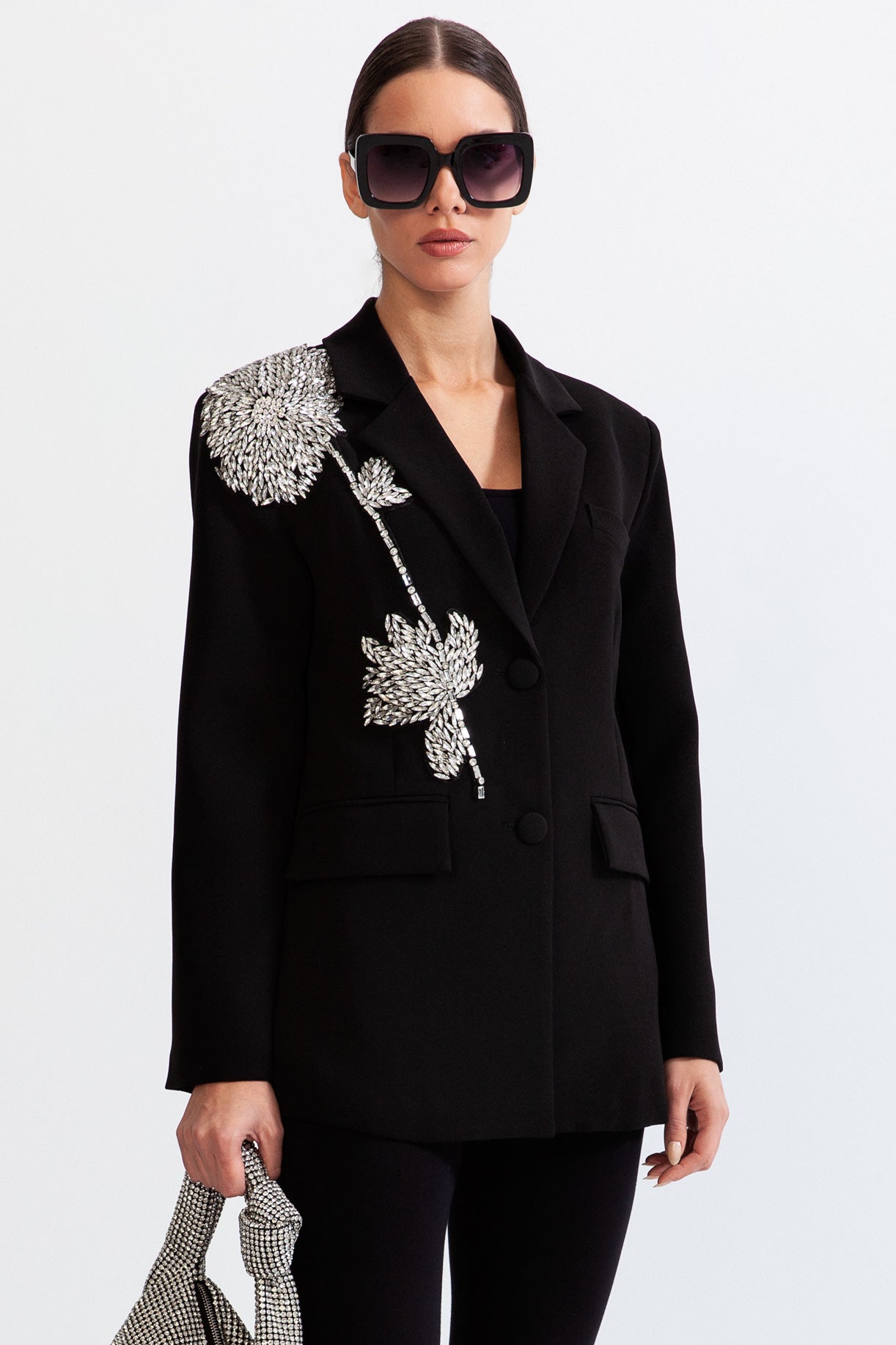 Taş Detaylı Siyah Tek Düğmeli Blazer