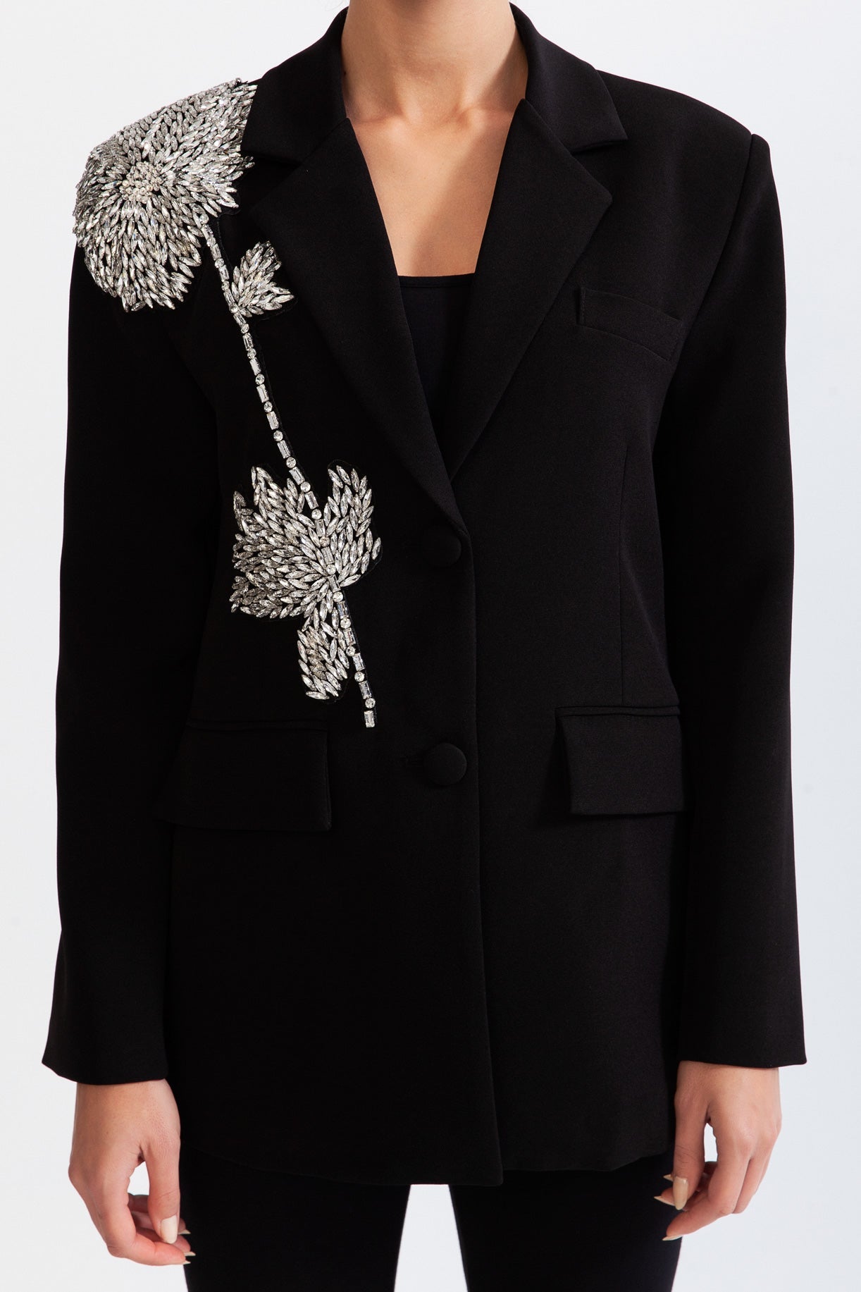 Taş Detaylı Siyah Tek Düğmeli Blazer