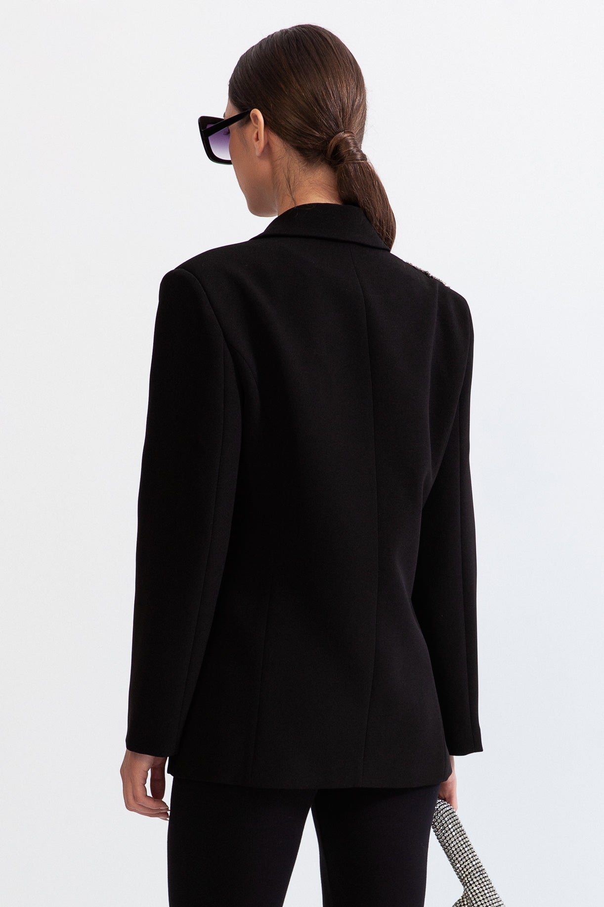 Taş Detaylı Siyah Tek Düğmeli Blazer