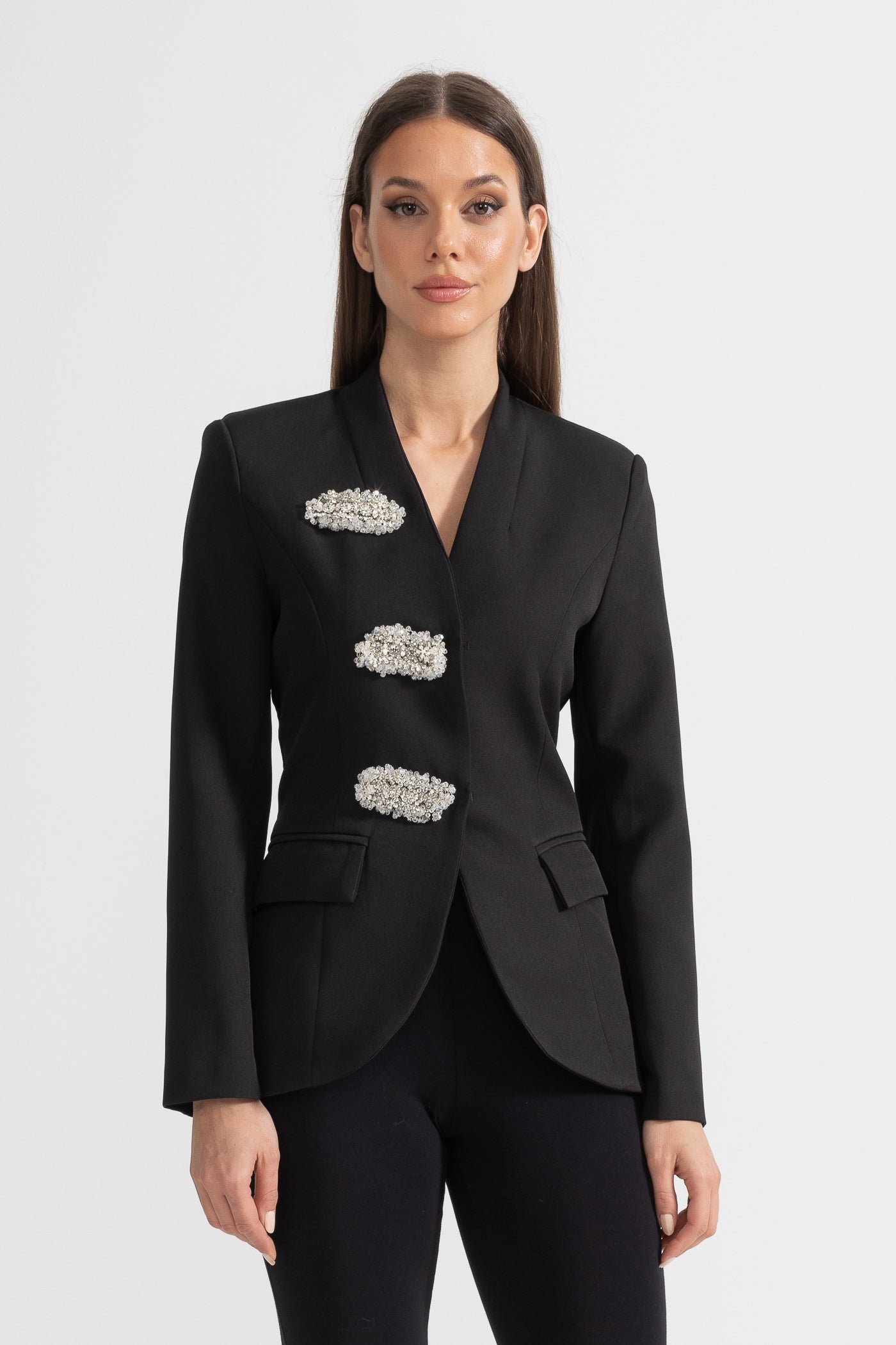 Gümüş Çiçek Tokalı Siyah Blazer Ceket