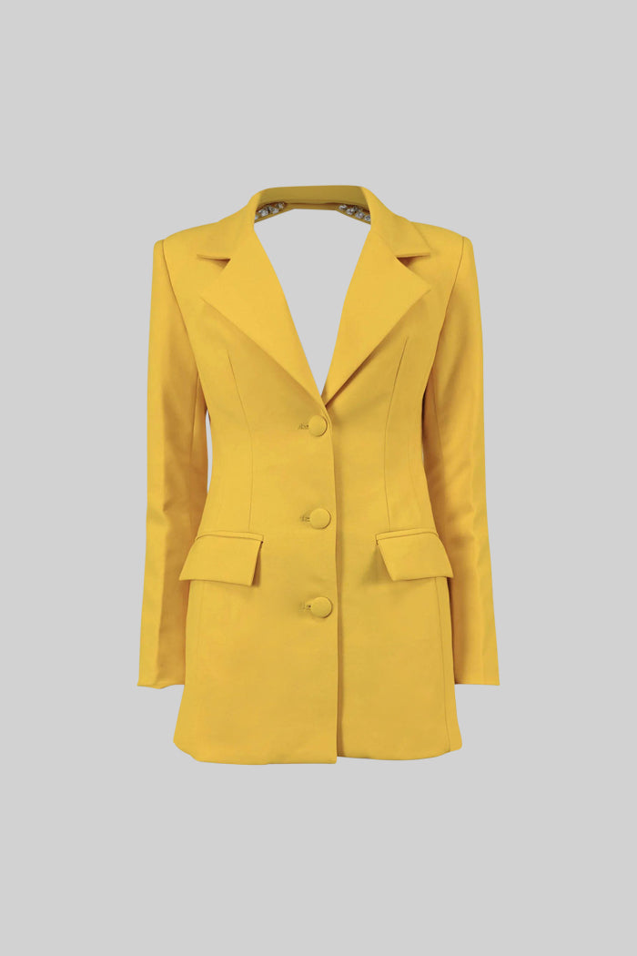 Sırt Dekolteli Taş Detaylı Sarı Blazer