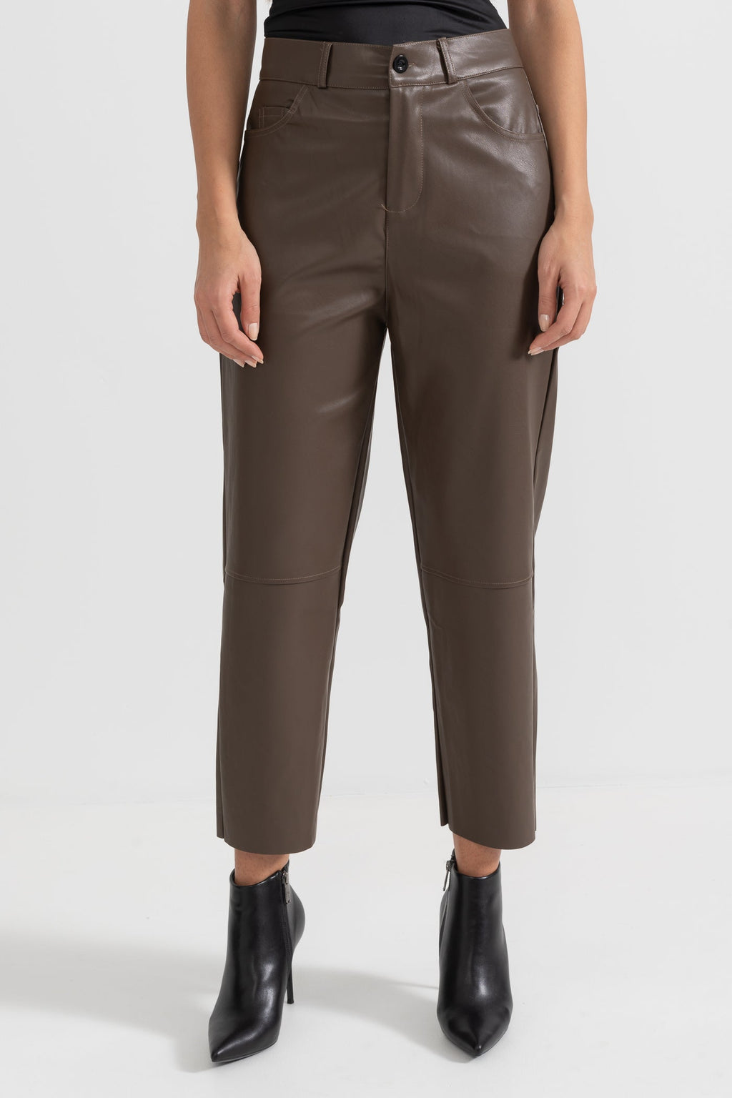 Kahverengi Cropped Vegan Deri Pantolon